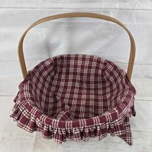 American Traditions Handwoven Basket Burgundy Plaid Fabric Liner Handle